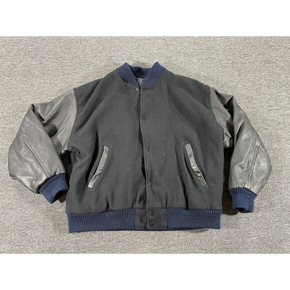 VINTAGE A&W Jacket Mens 2XL XXL Black Bomber Snap Button Up Leather Varsity Coat - Picture 1 of 12
